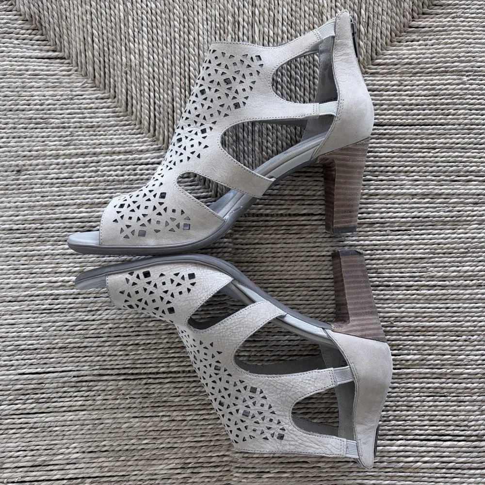 Rockport Taupe Suede Laser Cut Peep Toe Leather Ankle Bootie Heels Sz 8.5 EU‎ 39